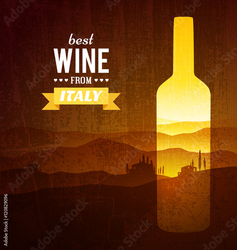 Wine bottle with the landscape of Tuscany. Vector poster.