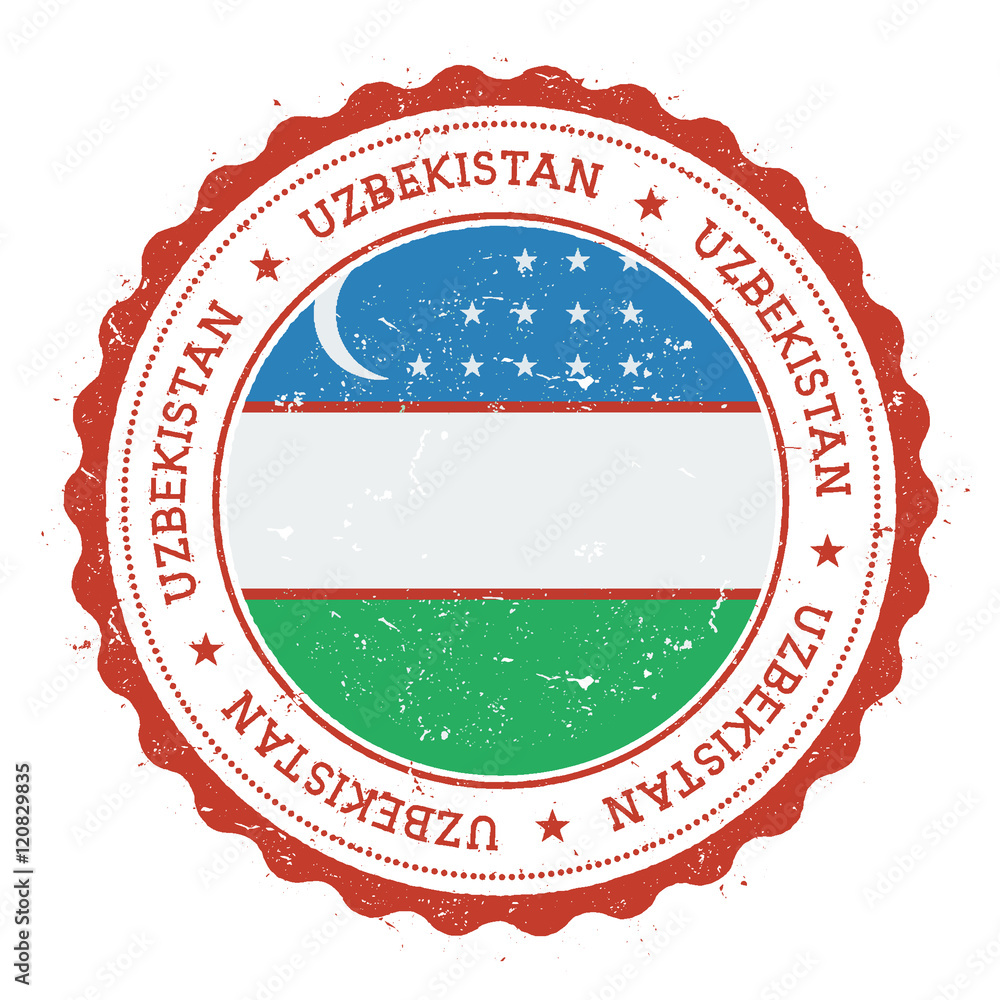 Grunge rubber stamp with Uzbekistan flag. Vintage travel stamp with circular text, stars and national flag inside it. Vector illustration.