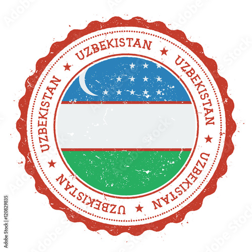 Grunge rubber stamp with Uzbekistan flag. Vintage travel stamp with circular text, stars and national flag inside it. Vector illustration.