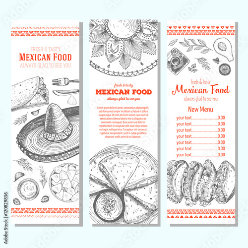 Mexican food design template. Vertical banners set. Mexican food cafe menu. Vector illustration.