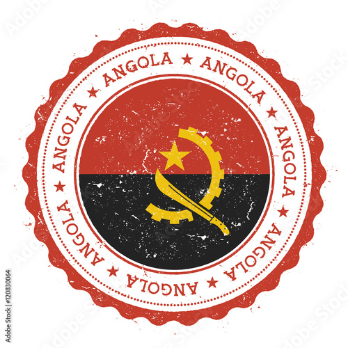 Grunge rubber stamp with Angola flag. Vintage travel stamp with circular text, stars and national flag inside it. Vector illustration.