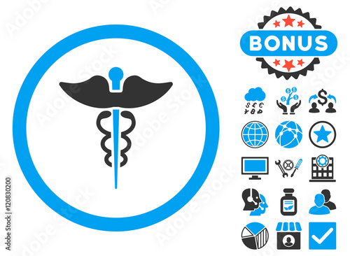 Caduceus icon with bonus pictures. Vector illustration style is flat iconic bicolor symbols, blue and gray colors, white background.