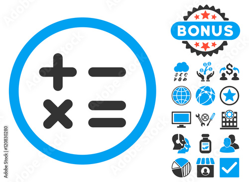 Calculator icon with bonus symbols. Vector illustration style is flat iconic bicolor symbols, blue and gray colors, white background. photo