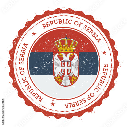 Grunge rubber stamp with Serbia flag. Vintage travel stamp with circular text, stars and national flag inside it. Vector illustration.
