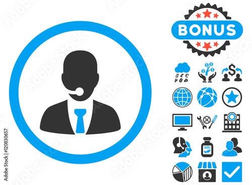 Call Center Operator icon with bonus symbols. Vector illustration style is flat iconic bicolor symbols, blue and gray colors, white background.