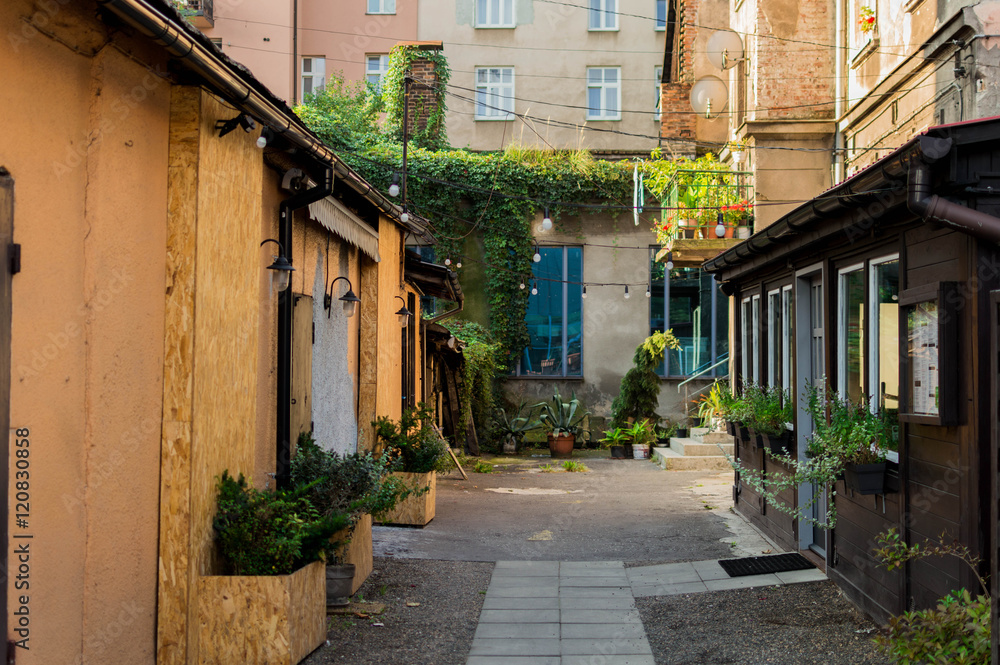 Cute, tiny backyard with lamp hanging across