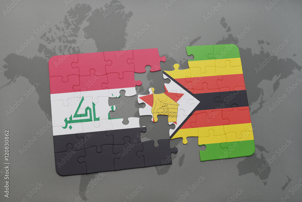 puzzle with the national flag of iraq and zimbabwe on a world map background.