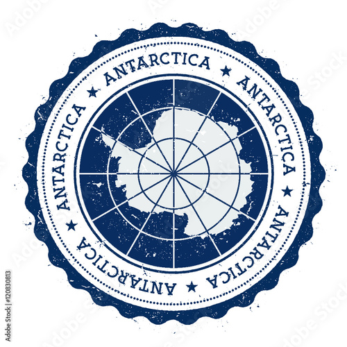 Grunge rubber stamp with Antarctica flag. Vintage travel stamp with circular text, stars and national flag inside it. Vector illustration.