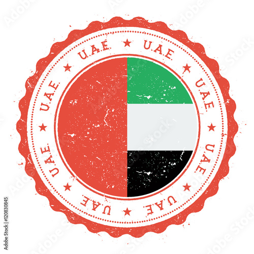 Grunge rubber stamp with United Arab Emirates flag. Vintage travel stamp with circular text, stars and national flag inside it. Vector illustration.