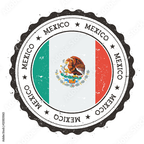 Grunge rubber stamp with Mexico flag. Vintage travel stamp with circular text, stars and national flag inside it. Vector illustration.