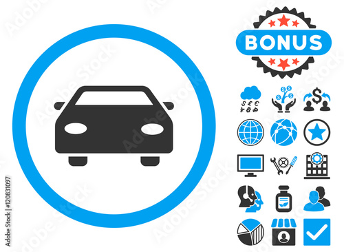 Car icon with bonus symbols. Vector illustration style is flat iconic bicolor symbols, blue and gray colors, white background.