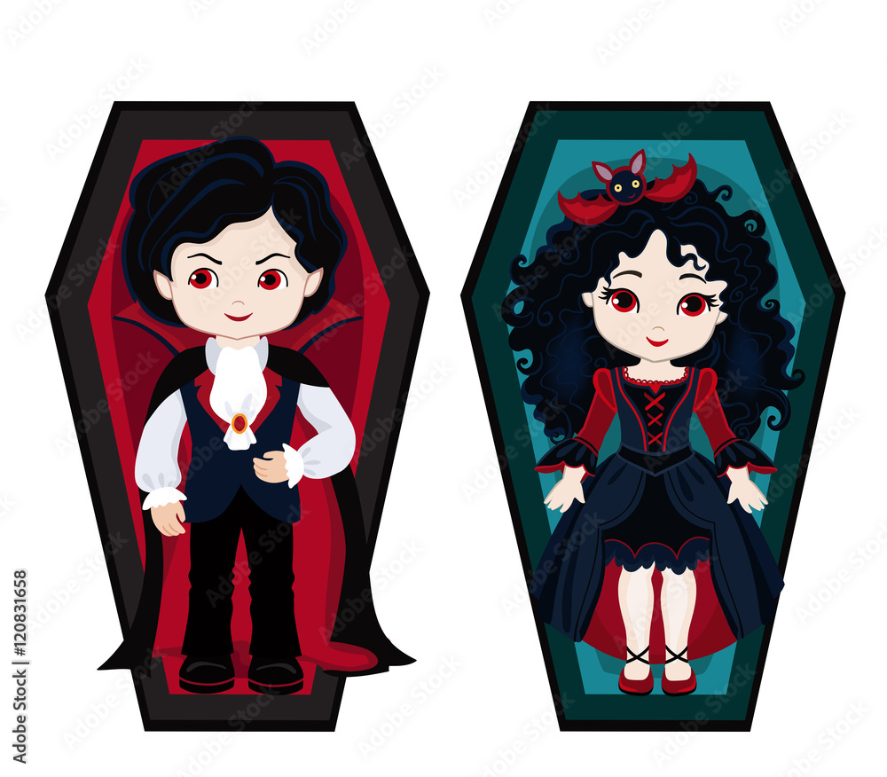 Plakat Illustration of very cute boy and girl vampires in his coffins.