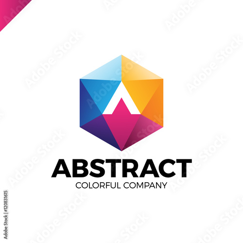 Letter A in a nut hex shape frame tech industry logo template. Abstract media triangle hexagon logotype with arrow up in middle