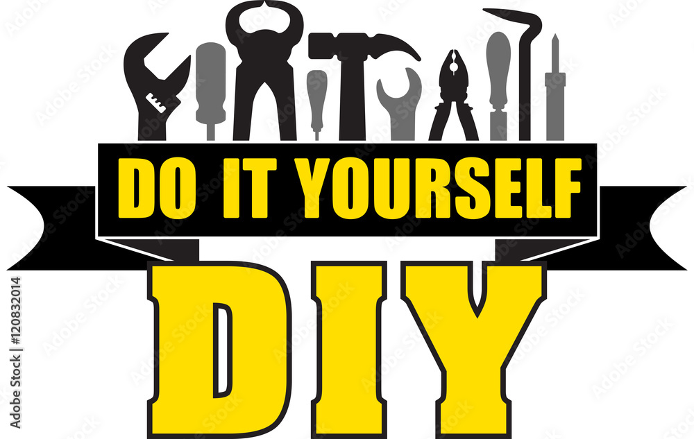 DIY Do It Yourself Banner With Silhouettes Of Workers Tools