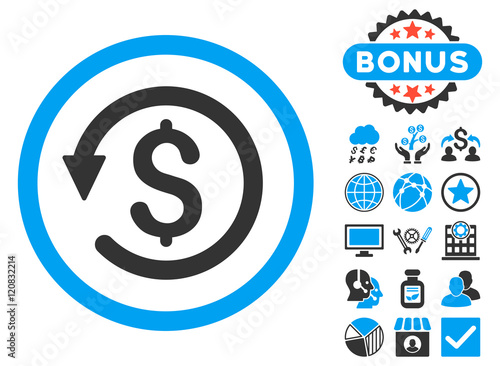 Chargeback icon with bonus pictogram. Vector illustration style is flat iconic bicolor symbols, blue and gray colors, white background.