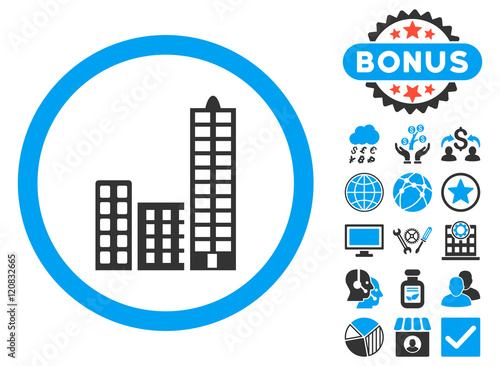 City icon with bonus pictures. Vector illustration style is flat iconic bicolor symbols, blue and gray colors, white background.