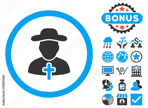 Clergy icon with bonus images. Vector illustration style is flat iconic bicolor symbols, blue and gray colors, white background.