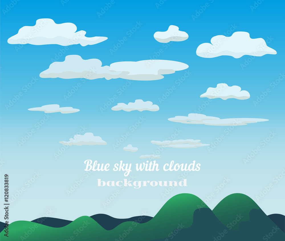 Green hills blue sky concept. Cloudscape with fluffy clouds background. Cloudy daylight empty  green mountain grass landscape in sunny weather. Bright natural colors. Cartoon Vector illustration
