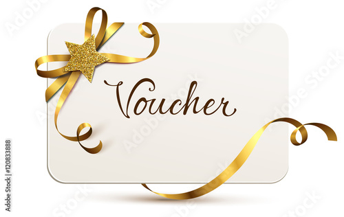 card with golden bow and glittering star - voucher 
