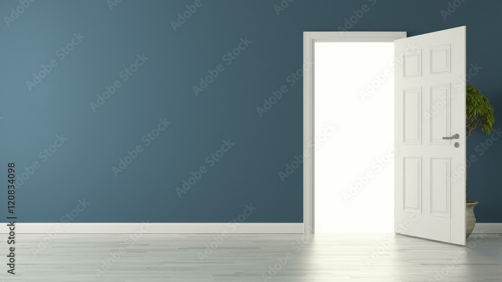 Fototapeta premium opened american door with blue wall and reflective floor