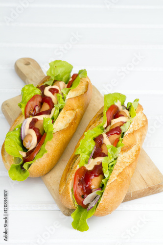 hot dogs on a wooden table