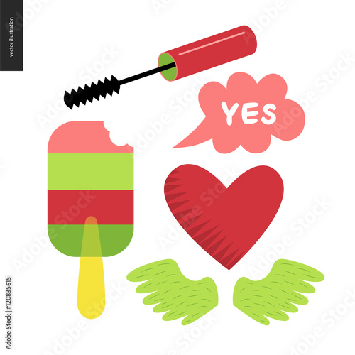 Girlish icons stickers set. Vector flat cartoon illustrated icons of few girl elements - masara brush, transparent popsicle, heart, a pare of wings and lettering Yes bubble.