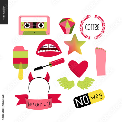 Girlish icons stickers set. Vector flat cartoon illustrated icons of few girl elements - masara brush, transparent popsicle, heart, a pare of wings, few letterings, star, cassette tape, gem, ribbon.