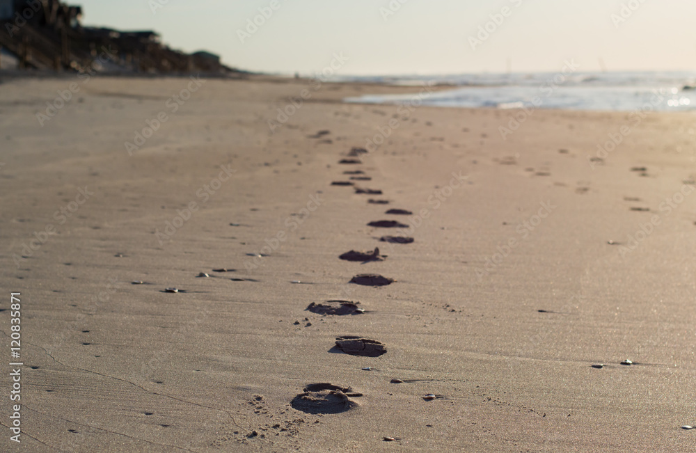 A trail of footprints on a North Carolina beach fade into view with houses and the ocean shore in the distance.