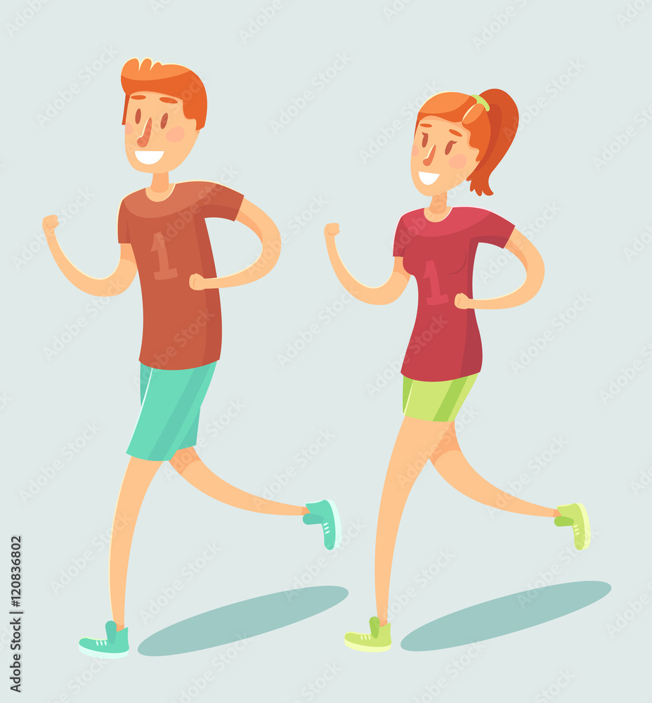 Young couple running outdoor vector flat style. Young couple running outdoor vector flat style.