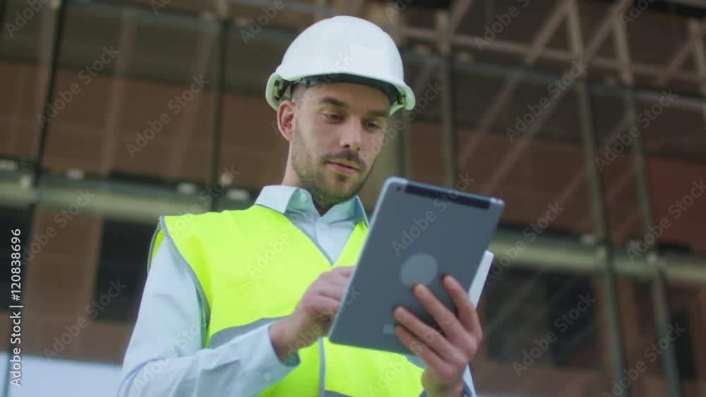 Male Engineer Using Tablet Computer on Construction Site. Glass Building on Background. Shot on RED Cinema Camera in 4K (UHD). Male Engineer Using Tablet Computer on Construction Site. Glass Building on Background. Shot on RED Cinema Camera in 4K (UHD).