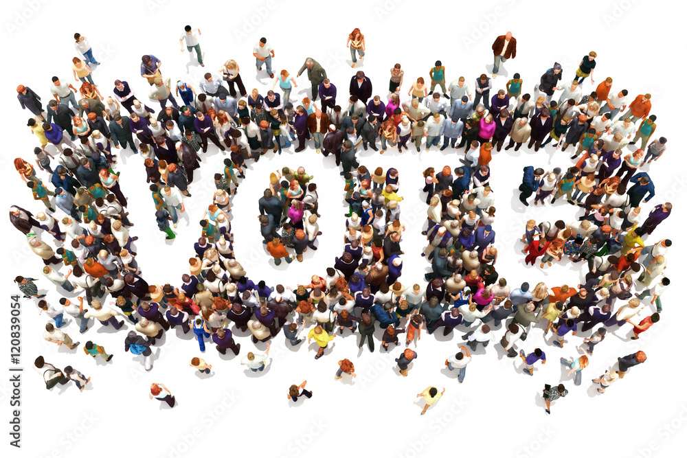 © Digital Storm - People that vote. Large group of people walking to and forming the shape of the word text vote on a white background. 3d rendering