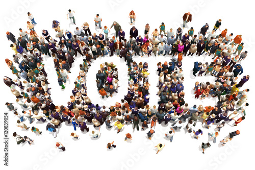 People that vote. Large group of people walking to and forming the shape of the word text vote on a white background. 3d rendering