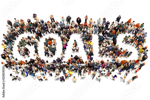Fototapeta Naklejka Na Ścianę i Meble -  People reaching there goals. Large group of people moving toward the center forming the word text GOALS.Isolated on a white background. 3d rendering
