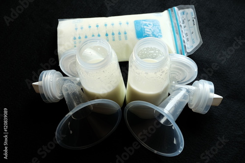Fresh breast milk in plastic bag ready for freezer