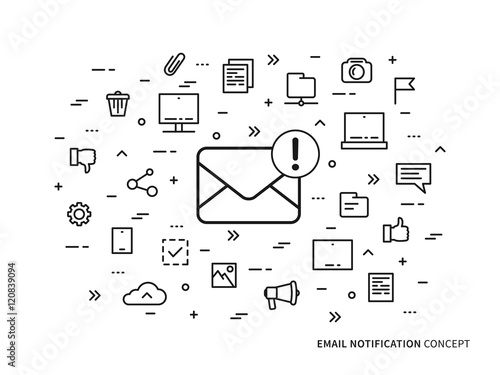 Linear e-mail notification (mail notice, advice, note) vector illustration. Mail notice (envelope, mobile web technology) creative concept.