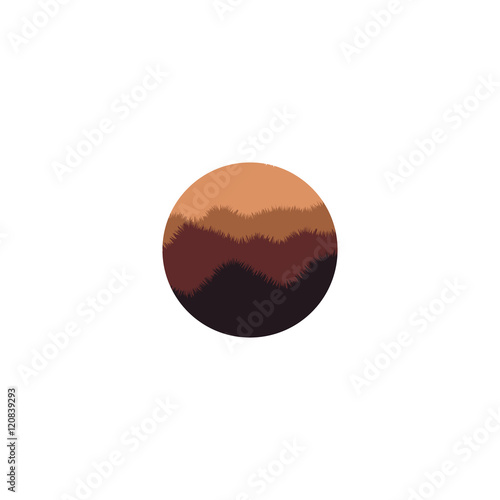 Isolated brown color round shape natural environment silhouette logo. Mountains miniature logotype. Sunset view icon. Wild nature panorama.Vector illustration.
