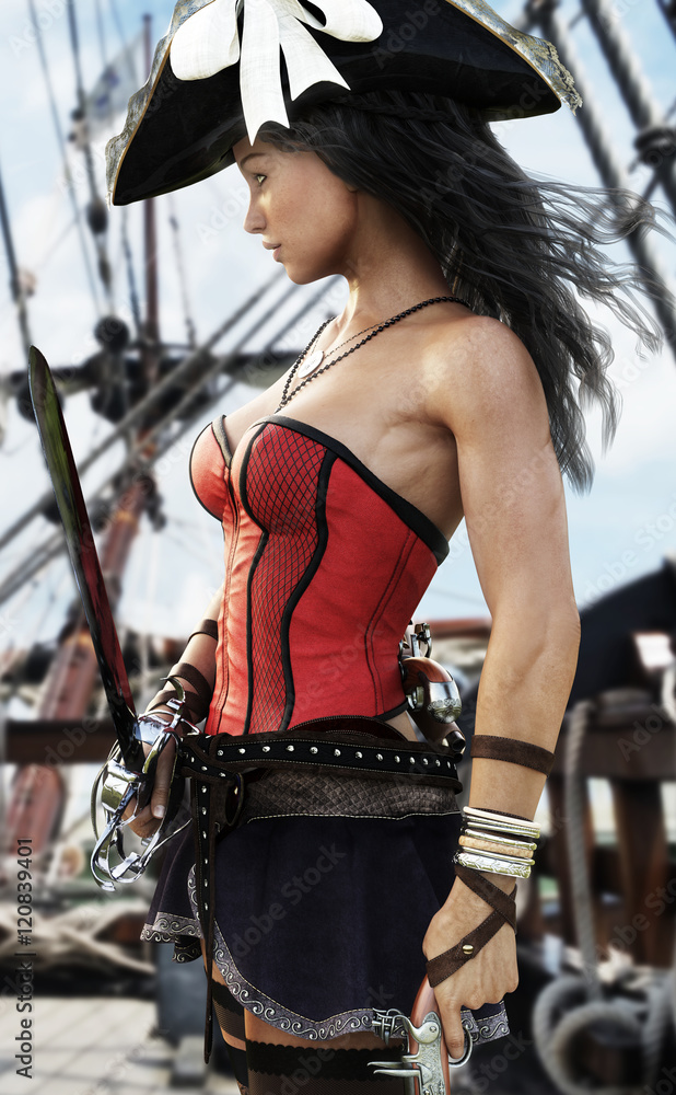 Profile of a Sexy Pirate female captain standing on the deck of her  ship.Pistol and sword in hand ready to defend. 3d rendering Stock Photo |  Adobe Stock