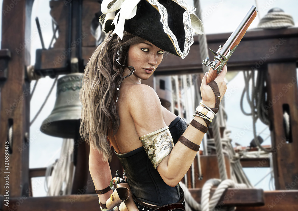 Profile of a Sexy Pirate female captain standing on the deck of her ship  with pistol in hand. 3d rendering Stock Illustration | Adobe Stock