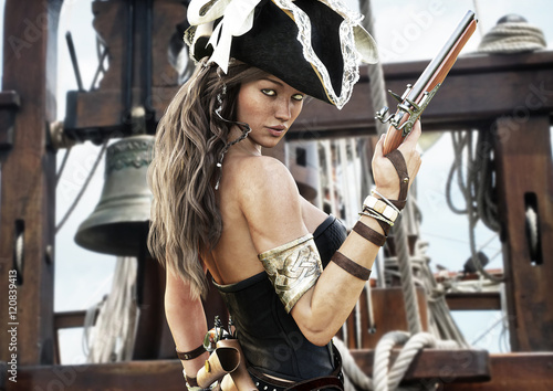Profile of a Sexy Pirate female captain standing on the deck of her ship with pistol in hand. 3d rendering