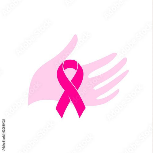 Isolated pink color ribbon in a human hand on the white background logo. Against cancer logotype. Stop disease symbol. International worldwide breast cancer week. Medical sign. Vector illustration.