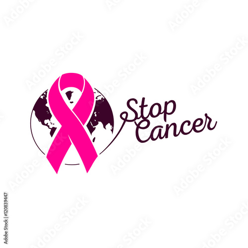 Isolated pink color ribbon on the white background logo. Against cancer logotype. Earth image. Stop disease symbol. International worldwide breast cancer week. Medical sign. Vector illustration.