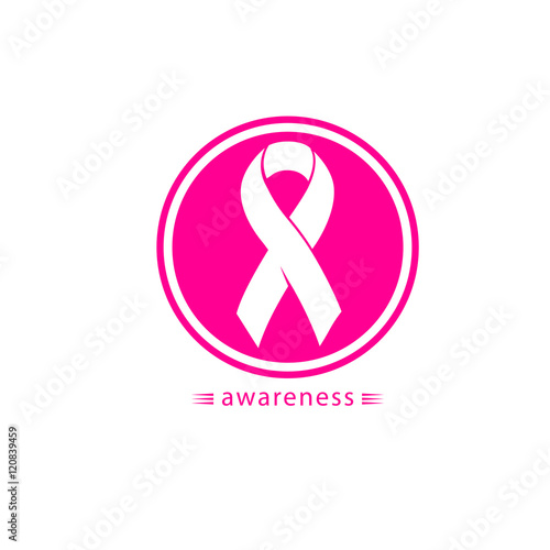 Isolated white color ribbon in a circle logo. Against cancer round shape logotype. Stop disease symbol. International worldwide breast cancer week. Medical sign. Vector illustration.