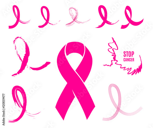 Isolated pink color ribbons on the white background logo set. Against cancer logotype collection. Stop disease symbol. International worldwide breast cancer week. Medical sign. Vector illustration.