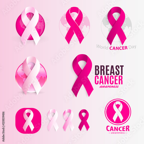 Isolated pink and white color ribbons logo set. Against cancer logotype collection. Stop disease symbol. International worldwide breast cancer week. Medical sign. Vector illustration.