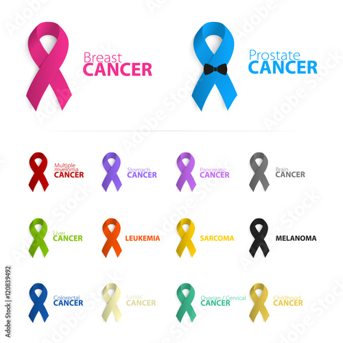 Isolated colorful ribbon logo set on the white background. Against cancer logotype. Stop prostate cancer disease symbol. International worldwide breast cancer week. Medical sign. Vector illustration.