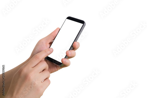 human hand hold and touch on blank screen cell phone.