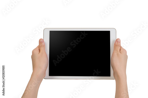 human hand holding blank screen  tablet on isolated white background