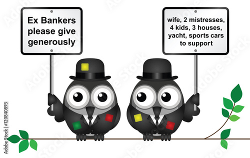 Comical threadbare poor bankers begging 
