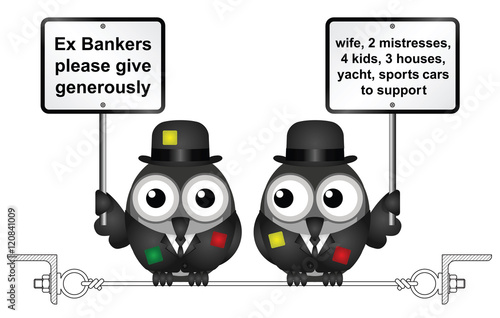 Comical threadbare poor bankers begging 