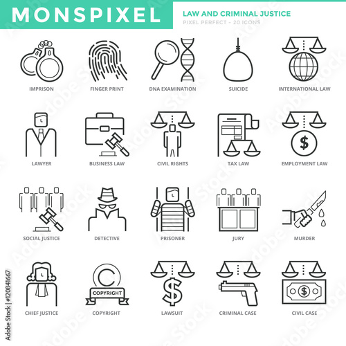Flat thin line Icons set of Law and Criminal Justice. Pixel Perfect Icons. Simple mono linear pictogram pack stroke vector logo concept for web graphics.